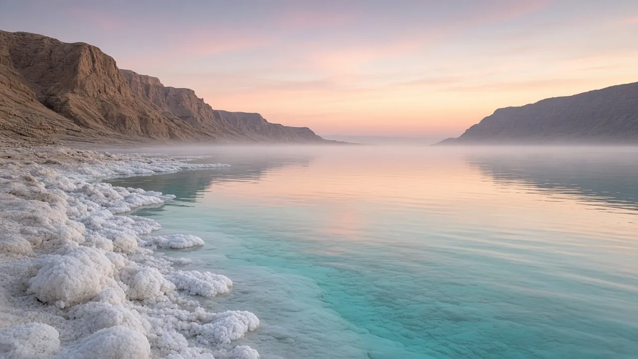 The Dead Sea at dawn: salt crystals on the shore and the steep walls of the rift valley.