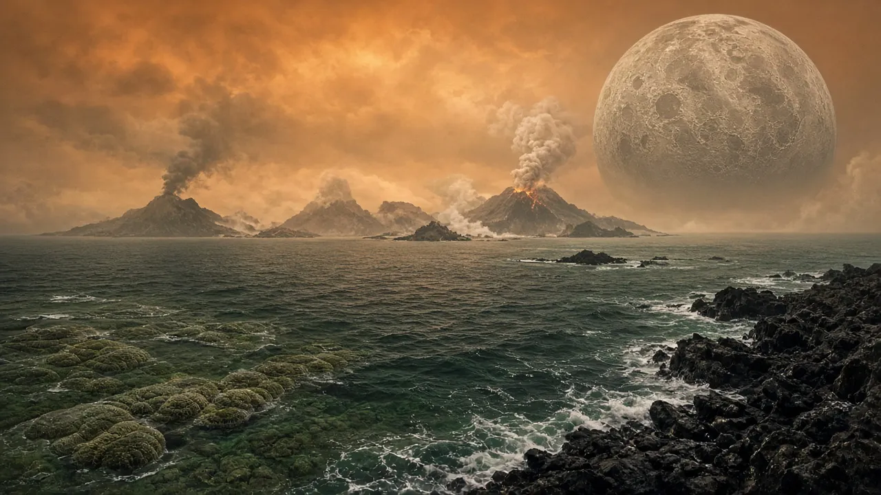 Early Earth ocean, around 3.8 billion years ago: steaming volcanic islands, a closer Moon, and microbial mats in the shallows.