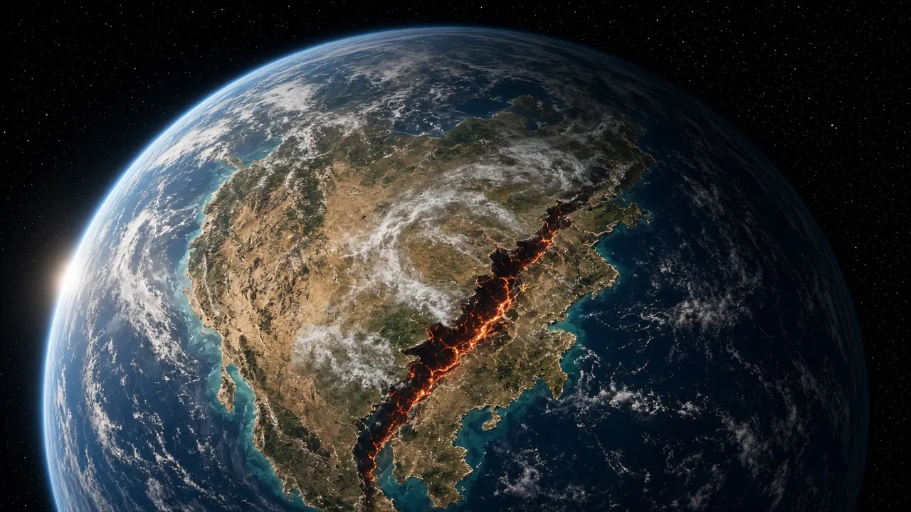 About 200 million years ago Pangaea begins to tear apart; a glowing rift will become the Atlantic Ocean.